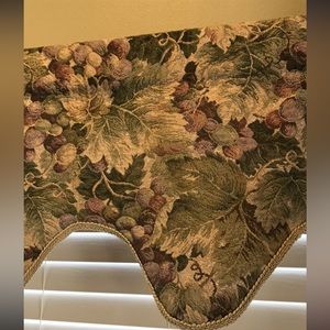 Scalloped valances, cotton canvas material. 3” rod pocket, 14”length/46” width.